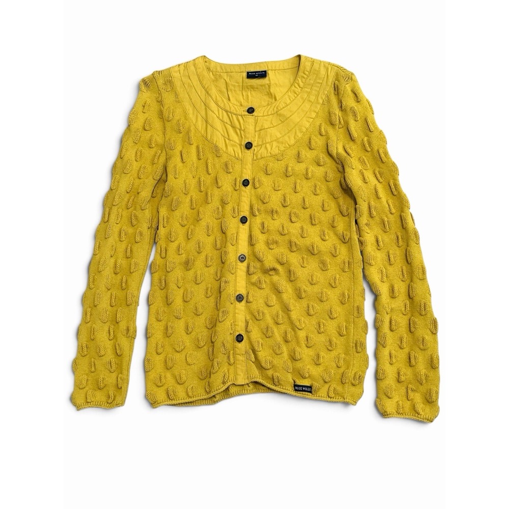 VTG Blue Willi's Denmark Pod Popcorn Cardigan Sweater Dijon Mustard Unique M